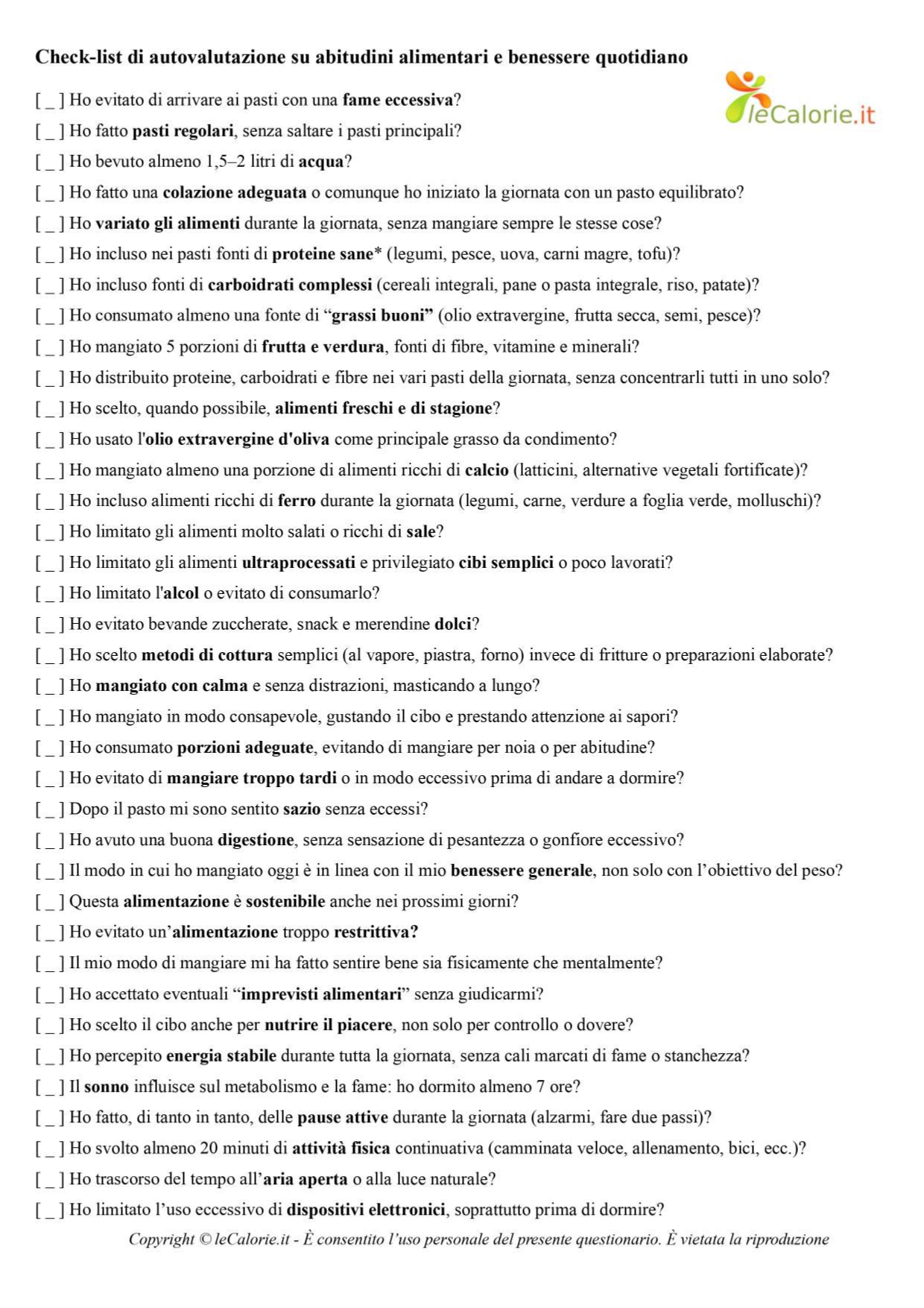 Check-list di autovalutazione su abitudini alimentari e benessere quotidiano